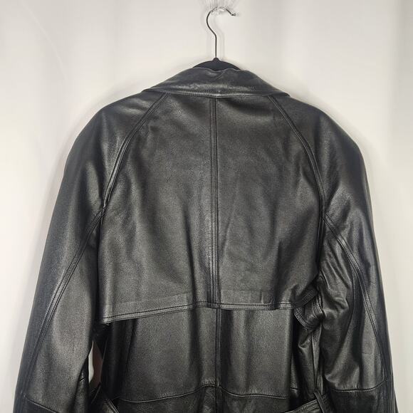Vtg Baracuta Trench Coat Black Leather Collared Double Breasted Belt Lined Large - Picture 10 of 16